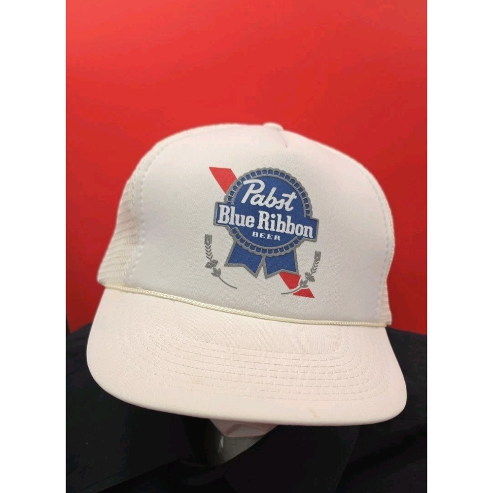 VTG 1980s Pabst Blue Ribbon Trucker Hat PBR Mesh Snapback Cap Designer Pro White
